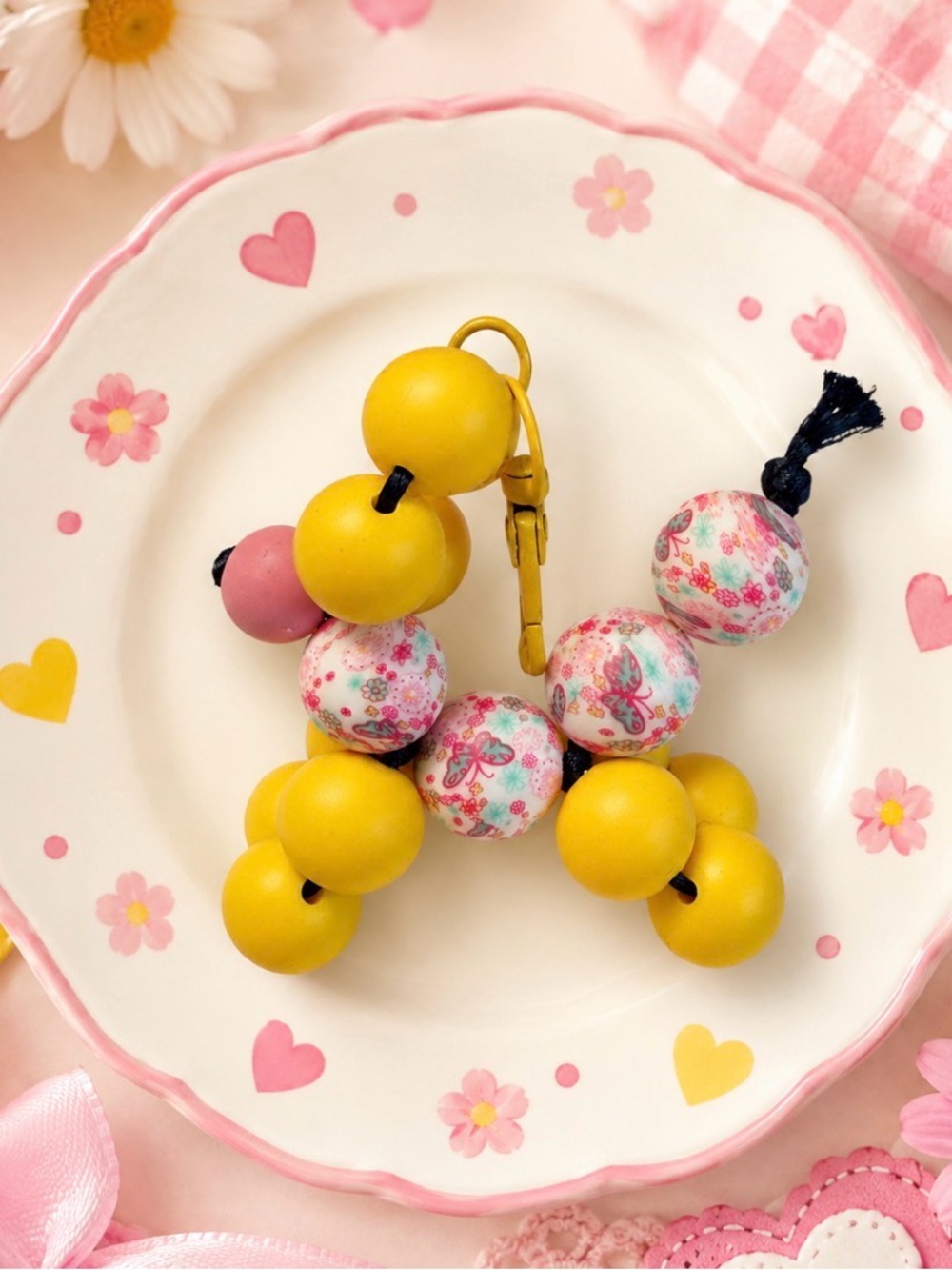 Hand Crafted Yellow and Pink Floral Bead Balloon Dog Keychain